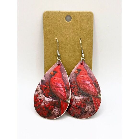Cardinal on Branch Teardrop 1.5x2" Holiday/Winter Faux Leather Dangle Earrings - Picture 1 of 4